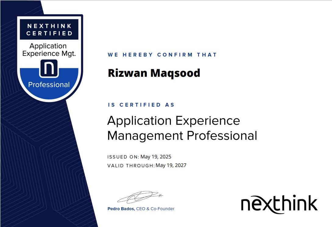 Certified Nexthink Professional certificate